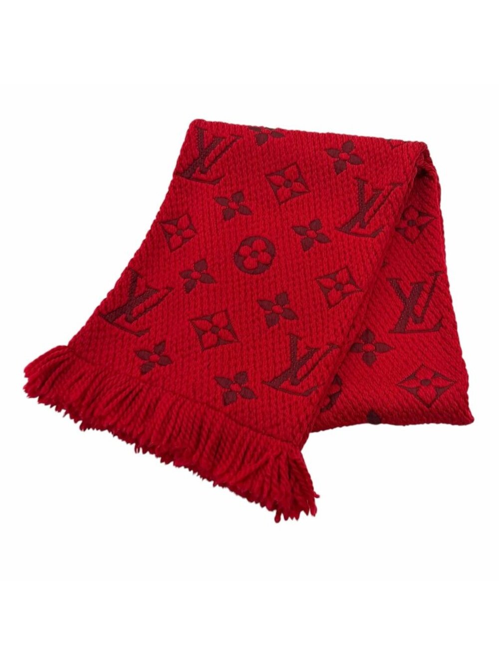 Louis Vuitton Logomania Scarf Wool Silk Blend Ruby Monogram Fringe